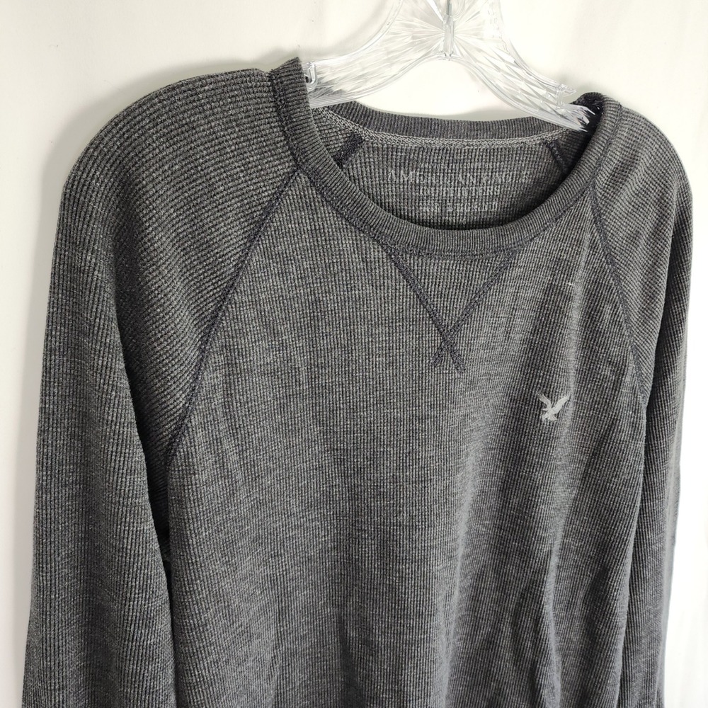 American‎ Eagle Mens Y2K Gray Thermal Long Sleeve Crew Neck Waffle Knit Shirt